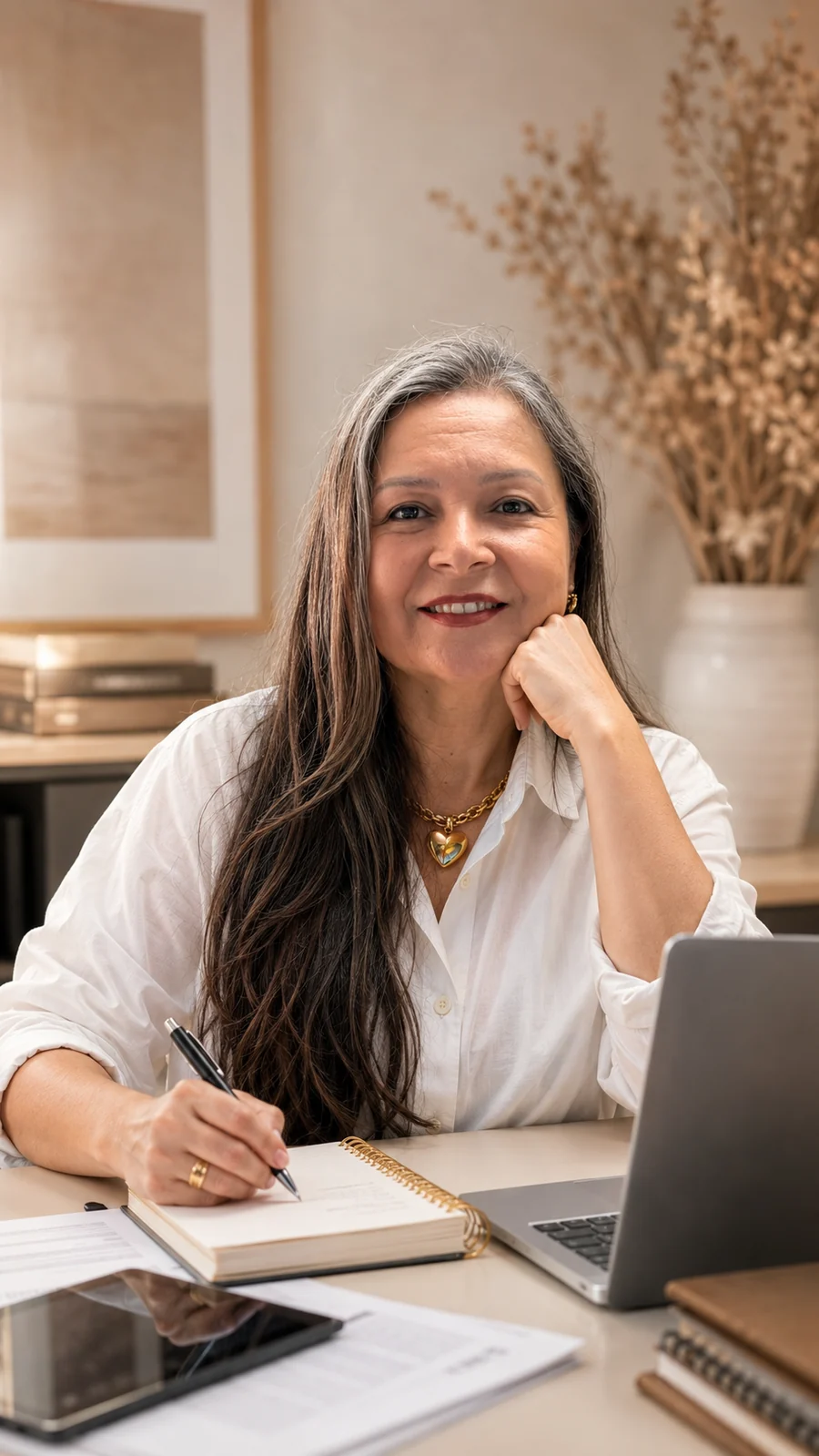 Tania Vital, consultora educacional, em sua mesa de trabalho