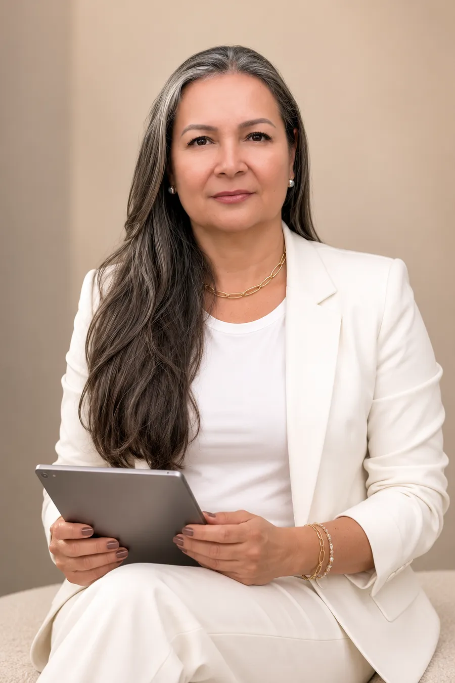 Tania Vital, consultora educacional da UniBF, sentada com um tablet nas mãos
